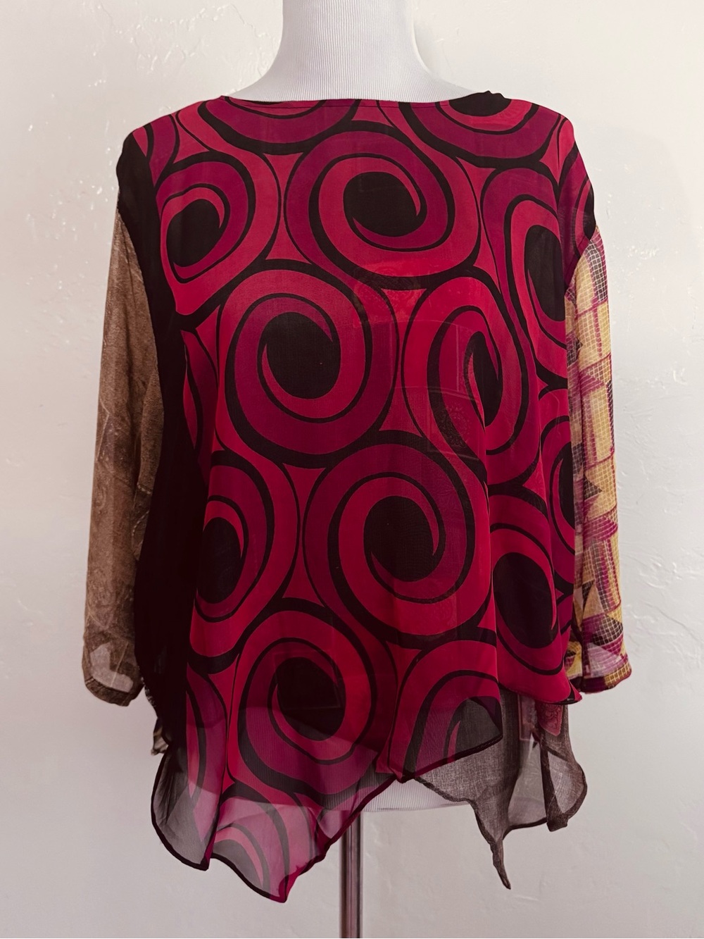 Sterling Styles Patchwork Print One Size Asymmetric Y2k Art Silk Kimono Boho Top